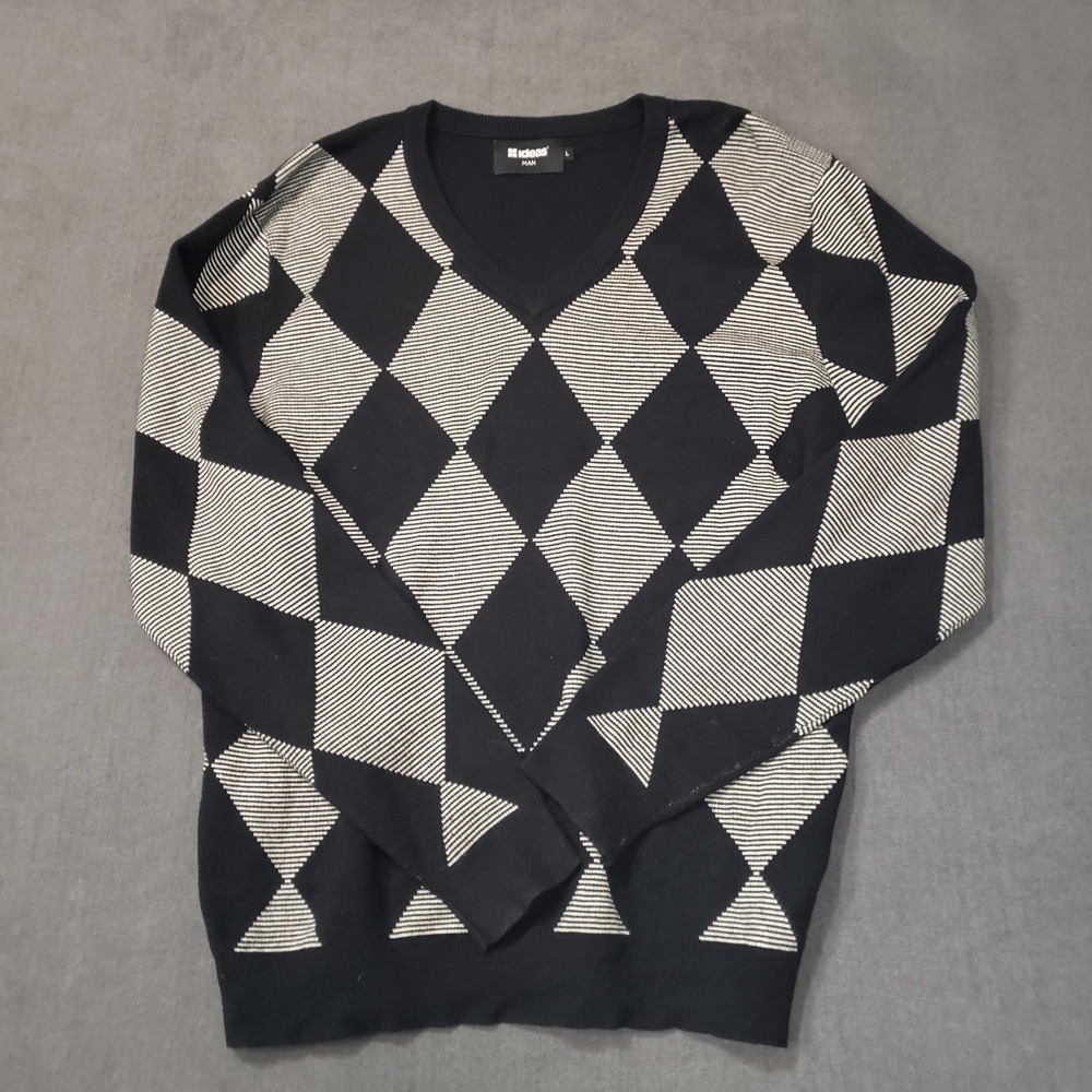 Ideas Man V-Neck Sweater Mens Large Black White Argyle Diamond Knit Pullover